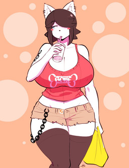 absolute_territory alternative_fashion amekaji anthro bag beverage big_breasts black_hair blue_eyes blush blush_stickers bottomwear breasts cleavage clothed clothing curvy_figure dotted_background drinking drinking_straw ear_piercing exposure_variation eyebrows eyelashes female fur gyaru hair hair_over_eye holding_object huge_breasts inner_ear_fluff j-fashion legwear midriff navel one_eye_obstructed pattern_background piercing salmon_background shirt shorts simple_background solo tank_top tattoo text text_on_clothing text_on_shirt text_on_tank_top text_on_topwear thigh_highs tight_clothing topwear tuft voluptuous white_body white_fur wide_hips theycallhimcake maggie_applebee canid canine canis domestic_dog mammal 2018 english_text signature