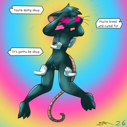 abstract_background ambiguous_gender anthro blush covering covering_face covering_self embarrassed embarrassing_nudity fur genitals green_body green_fur group long_tail nude positive_reinforcement tail vulva whiskers dirtymac mammal murid murine rat rodent 1:1 absurd_res hi_res