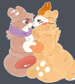 anthro antlers balls brown_body brown_fur cheek_tuft duo ear_markings ear_piercing ear_ring facial_tuft fur fur_markings genitals hand_holding head_tuft heart_eyes heart_symbol horn humanoid_genitalia humanoid_penis inner_ear_fluff interlocked_fingers looking_at_another male male/male markings mask mask_only mostly_nude neck_tuft nude orange_body orange_fur penis piercing purple_scarf purple_sclera red_penis ring_piercing scarf scarf_only simple_background slightly_chubby slightly_open_mouth smile tail tuft wearing_mask white_body white_fur white_markings viahonie fabulous_beasts mythology sibuxiang_the_deer_(fabulous_beasts) tuye_(fabulous_beasts) deer lagomorph leporid mammal mythological_creature rabbit absurd_res hi_res