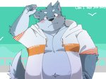 anthro belly black_nose blush clothed clothing hoodie humanoid_hands kemono male navel open_clothing open_hoodie open_topwear overweight overweight_anthro overweight_male solo text topwear green_bell inakamichi canid canine canis domestic_dog mammal 2020 english_text