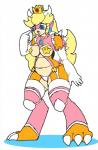 alternate_species armwear blonde_hair blue_eyes breasts claws clothing crown digitigrade elbow_gloves female garter_straps gloves hair handwear headgear horn knee_pads legwear lingerie non-mammal_breasts panties pasties piercing shell simple_background solo spikes stockings thigh_highs underwear white_background tryfag mario_bros nintendo princess_koopa princess_peach animal_humanoid humanoid koopa reptile reptile_humanoid scalie scalie_humanoid