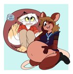 abdominal_bulge ambiguous_gender anthro blush blush_lines bottomless bottomwear breasts clothed clothing duo eyewear female glasses hand_on_belly hand_on_cheek internal one_eye_closed oral_vore organs pants shirt soft_vore stomach tail topwear vore eclairscollection felid feline mammal mouse murid murine rodent