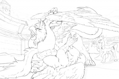 69_position anus arena camera cunnilingus exhibitionism female feral fight genitals group horn oral sex vaginal vulva wings zafara_(artist) friendship_is_magic hasbro my_little_pony mythology princess_luna_(mlp) avian equid equine gryphon mammal mythological_avian mythological_creature mythological_equine winged_unicorn monochrome