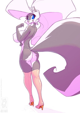 anthro blue_eyes boots breasts butt clothing female footwear fur grey_body grey_fur hair high_heels legwear looking_back mostly_nude nipples shoes side_boob simple_background solo thigh_boots thigh_highs white_background white_body white_fur white_hair conditional_dnp jollyjack chloe_sinclaire mammal mephitid skunk 2026