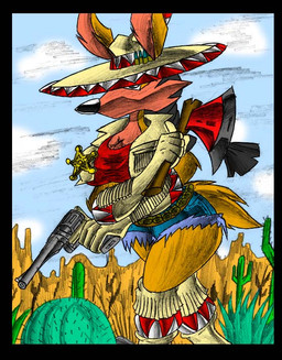 anthro axe belt big_breasts boots bottomwear breasts brown_body brown_fur bullet bullet_belt cactus clothing crop_top female footwear fur gloves gun handgun handwear hat headgear headwear jacket multicolored_body multicolored_fur pistol plant ranged_weapon sheriff_badge shirt shoes shorts solo topwear two_tone_body two_tone_fur weapon virus-20 june_coyote canid canine canis coyote mammal 2007 traditional_media_(artwork)