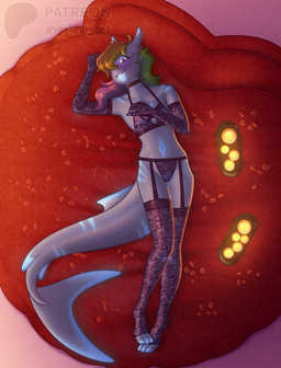 andromorph anthro bed blush blush_lines candle choker clothing fin furniture genitals gills glowing glowing_markings hair head_fin heart_bed intersex jewelry lace lingerie looking_at_viewer markings mastectomy_scar multicolored_hair necklace non-mammal_mastectomy_scar petals pink_eyes pose pupils rainbow_hair rose_petals scar sharp_teeth slim slit_pupils solo teeth vulva wide_hips angie_imagines prism_litebeem aquatic fish shark absurd_res hi_res pinup nonbinary_(lore) trans_(lore)