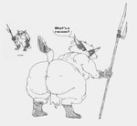 anthro bent_legs big_butt bottomwear butt cellulite clothing dialogue female huge_butt loincloth melee_weapon mostly_nude no_pupils polearm solo spear speech_bubble tail text thick_thighs tribal weapon wide_hips olozva fallout microsoft fan_character mammal mutants procyonid raccoon s'lanter monochrome