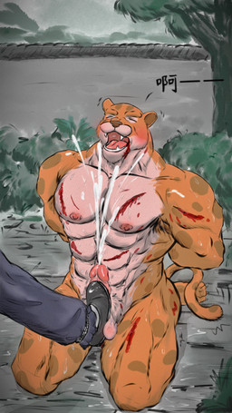 anthro balls barefoot begging_for_mercy biped blood blood_in_mouth blood_on_body blush bodily_fluids butt cock_and_ball_torture cum duo ejaculation erection feet foot_fetish foot_on_penis foot_play forced fur genital_fluids genital_torture genitals humanoid_genitalia humanoid_penis kneeling male male/male nipples nude open_mouth orgasm pecs penile penis screaming solo_focus spots sweat tail text toes torture kowloon7050 nobody_(2025) felid leopard mammal pantherine 2025 9:16 chinese_text colored digital_drawing_(artwork) digital_media_(artwork) hi_res portrait widescreen