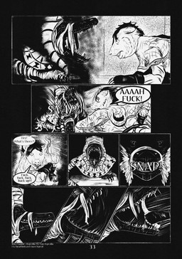 8_panel_comic ambiguous_gender anthro biped bite black_eyes black_nose black_text clothed clothing dialogue duo exclamation_point eyebrows fingers fur gloves hair handwear holding_melee_weapon holding_object holding_weapon looking_at_another looking_back male melee_weapon motion_lines open_mouth page_number profanity question_mark sharp_teeth sound_effects speech_bubble talking_to_another teeth text tongue torch weapon white_sclera white_text leprzil crocodile crocodilian mammal mummy murid murine rat reptile rodent scalie undead 2026 artist_name comic english_text hi_res monochrome