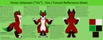 anthro black_ears black_nose black_sclera clothing color_swatch costume digitigrade dipstick_tail front_view fur fursuit gloves_(marking) green_background green_eyes green_inner_ear green_tail_tip leg_markings male markings murrsuit rear_view red_body red_fur side_view simple_background socks_(marking) solo tail tail_markings text viola_bat victor_johansen canid canine fox mammal 2018 artist_name english_text model_sheet url