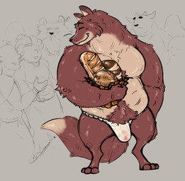 anthro asian_clothing belly big_belly bread bulge clothing east_asian_clothing eyes_closed food fundoshi group japanese_clothing male moobs overweight overweight_male solo_focus underwear desertb0ar canid canine fox mammal 2022 hi_res