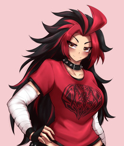 bandage bandaged_arm black_hair choker clothing collar fangs female fingerless_gloves gloves hair handwear jewelry long_hair messy_hair multicolored_hair necklace orange_eyes red_hair smile smirk solo spiked_collar spikes split_color_hair teeth two_tone_hair shoko_steff human mammal hi_res