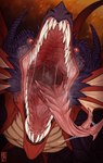 ambiguous_gender bodily_fluids cheek_frill cheek_spikes dark_horn facial_spikes forked_tongue front_view glistening glistening_eyes horn logo looking_at_viewer mouth_shot no_sclera open_mouth purple_horn red_body red_eyes red_tongue ridged_horn saliva saliva_string scales sharp_teeth solo spikes spikes_(anatomy) tan_body tan_scales teeth tongue tongue_out riorix mythology raylldo dragon mythological_creature mythological_scalie scalie 2021 artist_logo dated hi_res