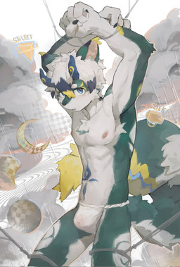 anthro asian_clothing athletic athletic_male big_tail blue_eyes blush bound bulge cheek_tuft chest_tuft clothed clothing countershade_torso countershading dipstick_ears dipstick_tail ear_markings east_asian_clothing facial_tuft fluffy fluffy_tail fundoshi fundoshi_only fur fur_markings green_body hair hands_tied horn japanese_clothing kemono looking_at_viewer male markings moon multicolored_ears soft_abs solo tail tail_markings thighs_tied topless tuft underwear underwear_only white_body white_clothing white_fundoshi white_hair white_underwear yellow_tail_tip canilu_u canid canine mammal 2025 hi_res