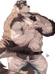 abs anthro bulge flaccid fur genitals grey_body grey_fur heart_symbol male muscular muscular_anthro muscular_male nipples pecs penis penis_base solo towel translucent_towel yed lifewonders tokyo_afterschool_summoners horkeu_kamui_(tas) canid canine canis mammal wolf absurd_res hi_res