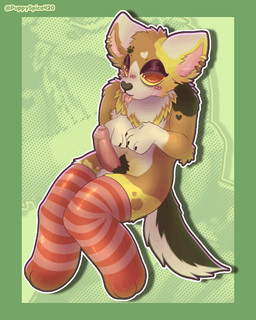 anthro balls bedroom_eyes blush brown_body brown_fur clothing erection femboy footwear foreskin fur genitals humanoid_genitalia humanoid_penis knee_highs knee_socks legwear male narrowed_eyes paws penis pubes red_eyes seductive socks solo tail tongue tongue_out yellow_body yellow_fur psychedelipup puppyspice420 spezi_(puppyspice420) canid canine canis domestic_dog herding_dog mammal pastoral_dog welsh_corgi 2d_animation 4:5 animated full-length_portrait hi_res motion_tweening portrait shaded
