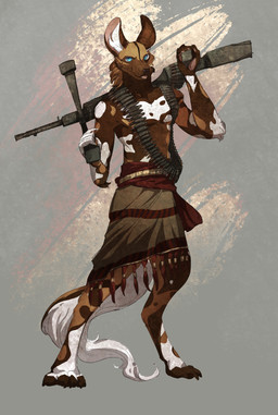 anthro bottomwear clothing gun loincloth machine_gun male ranged_weapon solo standing weapon yecahoo african_wild_dog canid canine mammal wilddog absurd_res hi_res