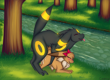 accessory all_fours ambiguous_penetration balls black_body black_fur blush blush_lines bodily_fluids bow_(feature) bow_accessory bow_ribbon brown_body brown_ears brown_fur cum cum_inside cum_on_fur day detailed_background digitigrade dipstick_ears doggystyle dripping duo ear_markings eyes_closed female female_penetrated feral feral_on_feral forest from_behind_position fur genital_fluids genitals glowing glowing_markings grass hair_accessory hair_bow hair_ribbon happy happy_sex leaking_cum male male/female male_penetrating male_penetrating_female markings mating_grip mounting multicolored_ears neck_tuft on_ground open_mouth orgasm outside penetration penis pink_penis plant quadruped raised_tail ribbons river rounded_back sex shadow side_view smile tail tongue tongue_out tree tuft water yellow_body yellow_fur yellow_markings candyfoxy nintendo pokemon burraki_(rukifox) kiwi_(rukifox) canid canine eevee eeveelution generation_1_pokemon generation_2_pokemon mammal pokemon_(species) umbreon 2015 digital_media_(artwork) signature