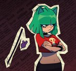 alternative_fashion bangs bite bob_cut bracelet cat_toy clothed clothed_female clothed_humanoid clothing collar crop_top crossed_arms female fingers green_ears green_hair hair jewelry midriff navel open_mouth pet_toy punk red_clothing red_crop_top red_shirt red_topwear sharp_teeth shirt skull_shirt skull_symbol spiked_bracelet spiked_collar spikes teeth topwear toy amiokay billie_(fattcactus) animal_humanoid cat_humanoid felid felid_humanoid feline feline_humanoid humanoid mammal mammal_humanoid 2024 animated digital_media_(artwork) short_playtime