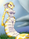 apode breasts cobra derangedrake draconcopode featureless_breasts female hand_on_hip hi_res legless leucistic looking_at_viewer muscular muscular_female naga narrowed_eyes nature non-mammal_breasts purple_eyes reptile scales scalie serpentine snake snake_hood solo standing white_body white_scales