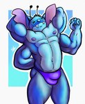 4_arms 5_fingers antennae_(anatomy) anthro anthrofied areola biceps biped black_eyes blue_body blue_fur bulge claws clothed clothing detailed_bulge fangs finger_claws fingers flexing fur hand_behind_back hands_behind_head head_tuft male multi_arm multi_limb navel nipples notched_ear purple_areola purple_clothing purple_nipples purple_speedo purple_swimwear simple_background solo speedo swimwear teeth thick_thighs topless topless_anthro topless_male tuft r-n disney lilo_and_stitch stitch_(lilo_and_stitch) alien experiment_(lilo_and_stitch) 2023