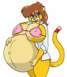 accessory anthro belly big_belly big_breasts blue_eyes breasts brown_hair clothing felid female furgonomics hair hi_res jewelry kathy_(danellz) large-rarge lion mammal navel nipple_outline outie_navel pantherine pregnant ring solo tail tail_accessory tail_jewelry tail_ring