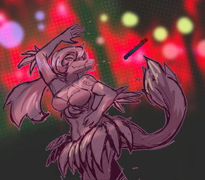 abstract_background anthro arm_tattoo armwear blood bodily_fluids bottomwear breasts clothed clothed_anthro clothed_female clothing dancing elbow_feathers elbow_gloves feathered_tail feathers female fingers front_view gloves hair half-closed_eyes hand_on_hip handwear humanoid_hands long_hair looking_at_viewer looking_down medium_breasts narrowed_eyes non-mammal_breasts nosebleed pose shoulder_tattoo skirt smile solo standing tail tattoo text eddodoodle cavemanon_studios volcaldera_ashfall ashley_(volcaldera_ashfall) dinosaur dromaeosaurid prehistoric_species reptile saurischian scalie theropod artist_name colored shaded