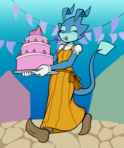 anthro blue_body cake clothing dessert dress female female_anthro food happy holding_food holding_object solo fourssss skitter_the_gecko gecko lizard reptile scalie 2026 digital_drawing_(artwork) digital_media_(artwork) hi_res