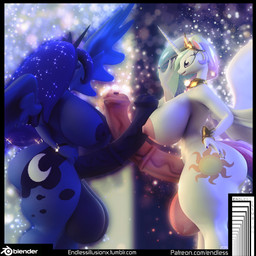 animal_genitalia animal_penis anthro anthrofied balls big_balls big_breasts big_penis breasts butt crossgender duo equine_genitalia equine_penis erection feathered_wings feathers ftg_crossgender fti_crossgender genitals gynomorph horn huge_balls huge_breasts huge_penis hyper hyper_balls hyper_genitalia hyper_penis intersex mature_anthro mature_gynomorph mature_intersex penis princess royalty text thick_thighs wings endless_(artist) friendship_is_magic hasbro my_little_pony mythology princess_celestia_(mlp) princess_luna_(mlp) equid equine mammal mythological_creature mythological_equine winged_unicorn 1:1 3d_(artwork) digital_media_(artwork) hi_res url