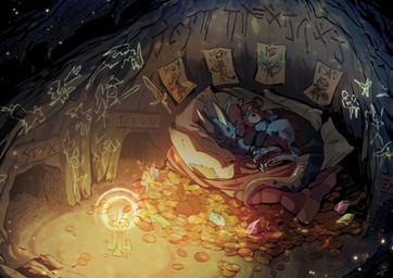 anthro candle cave cozy cuddling fire gem horn male picture_on_wall pillow plushie rune sleeping solo tail teddy_bear treasure young scissorsrunner dungeons_and_dragons hasbro wizards_of_the_coast kobold scalie hi_res
