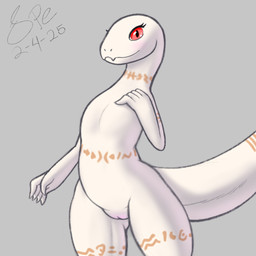 5_fingers albino anthro arm_tattoo belly_tattoo big_tail blush body_blush bottom_heavy butt butt_from_the_front cute_fangs eyelashes fangs featureless_chest female female_anthro fingers flat_chested front_view genitals grey_background hand_on_chest humanoid_genitalia humanoid_hands humanoid_vulva innie_vulva leg_tattoo long_neck long_tail looking_at_viewer monotone_body neck_tattoo non-mammal_vulva nude nude_anthro nude_female orange_tattoo pose pupils red_eyes simple_background slit_pupils smile smiling_at_viewer smooth_skin snout solo standing tail tail_tattoo tailbutt tattoo teeth thick_tail thick_thighs thigh_gap thigh_tattoo tribal tribal_tattoo vulva vulva_blush white_body white_outer_labia white_vulva wide_hips spe overlord_(series) crusch_lulu lizard lizardman lizardman_(overlord) reptile scalie 1:1 2025 dated digital_drawing_(artwork) digital_media_(artwork) hi_res pinup portrait procreate_(artwork) shaded signature soft_shading three-quarter_portrait
