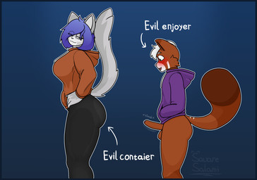 anthro blue_border blue_hair blush border bottomless butt clothed clothing duo female foreskin genitals hair hoodie hoodie_only larger_female looking_back male male/female penis size_difference smaller_male standing text throbbing throbbing_penis topwear topwear_only translucent translucent_clothing squaresalami evil_container echoya_(squaresalami) mucho_(squaresalami) ailurid domestic_cat felid feline felis mammal red_panda hi_res meme