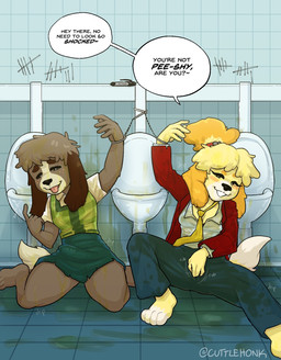 accessory alternate_costume anthro bathroom beckoning blouse blush bodily_fluids bottomwear clothed clothing clothing_swap crossdressing cuff_(restraint) dialogue duo female femboy freckles genital_fluids gesture graffiti graffiti_on_wall hair_accessory handcuffed handcuffed_around_object handcuffs jacket male masturbation masturbation_through_clothing messy_clothing metal_cuffs necktie pants pipe public_restroom public_use restraints shirt skirt speech_bubble stain stained_clothing stained_fur tally_marks teasing teasing_viewer text tongue tongue_out topwear urinal urine vest watersports western_tally_marks cuttlehonk animal_crossing nintendo sharpie digby_(animal_crossing) isabelle_(animal_crossing) canid canine canis domestic_dog mammal shih_tzu toy_dog english_text hi_res brother_(lore) brother_and_sister_(lore) incest_(lore) sibling_(lore) sister_(lore) twincest_(lore) twins_(lore)