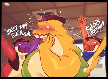 blissful_mouth blush candy clothing cowboy cowboy_hat dessert dialogue fast_food fast_food_restaurant flustered food gloves group gummy_(food) hand_on_cheek handwear happy hat headgear headwear heart_symbol kerchief male mask multicolored_body musclegut muscular raised_arms restaurant smile text thought_bubble trio sprinklecake00z glitch_productions spudsy's the_amazing_digital_circus chad_(tadc) gummigoo_(tadc) max_(tadc) alligator alligatorid crocodilian digital_creature food_creature gummy_creature living_candy reptile scalie comic english_text hi_res