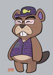 anthro biped black_outline bottomless brown_body buckteeth clothed clothing eyes_closed eyewear front_view glasses headgear headwear male outline purple_clothing purple_headwear purple_topwear round_ears simple_background smile solo standing teeth topwear vest crushpepper otterbits animal_crossing nintendo chip_(animal_crossing) beaver mammal rodent absurd_res digital_media_(artwork) full-length_portrait hi_res portrait