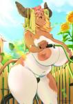 anthro areola barely_visible_genitalia barely_visible_pussy bicycle big_areola big_breasts big_butt big_nipples blonde_hair breasts butt female flower genitals hair horn huge_areola huge_breasts huge_butt looking_at_viewer nipples nude plant pussy seductive slightly_chubby solo standing sunflower thick_thighs vehicle wide_hips cherrikissu helena_(hugetime) bovid bovine mammal digital_media_(artwork) hi_res