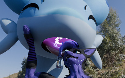 anthro black_body black_fur blue_body blue_eyes blue_nose bodily_fluids close-up drooling duo femboy fur glowing glowing_mouth glowing_nose hair halo looking_up male male/male mouth_shot multicolored_body open_mouth photo_background purple_body purple_fur purple_hair saliva sparkles tongue tongue_out two_tone_body vore_tease warmers white_body ienikicoon palworld pocketpair kitsunaki canid canine chillet fox hybrid mammal pal_(species) rexouium 2024 3d_(artwork) blender_(artwork) digital_media_(artwork) hi_res mixed_media photography_(artwork)