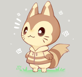 :3 anthro bottomless bottomless_anthro brown_body brown_eyes brown_fur chibi closed_smile clothed clothing drawstring featureless_crotch fluffy fluffy_tail fur grass grey_background hoodie jacket markings mouth_closed multicolored_body multicolored_fur pattern_clothing pattern_hoodie pattern_jacket pattern_topwear plant simple_background smile solo standing striped_clothing striped_hoodie striped_jacket striped_markings striped_tail striped_topwear stripes tail tail_markings tan_body tan_fur topwear two_tone_body two_tone_fur whiskers yencatx animal_crossing nintendo pokemon furret generation_2_pokemon pokemon_(species) 2019