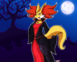 anthro clothing female holidays inner_ear_fluff looking_at_viewer markings mole_(marking) solo tuft mahoxy halloween nintendo pokemon delphox generation_6_pokemon pokemon_(species) vampire absurd_res hi_res