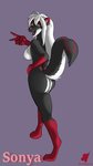 anthro breasts butt ear_piercing ear_ring female hand_on_hip looking_at_viewer looking_back piercing pose ring_piercing side_boob solo harkrun mammal mephitid skunk hi_res pinup