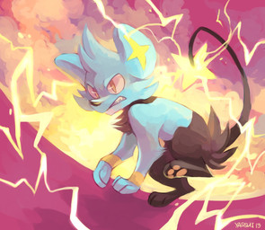 ambiguous_gender angry black_body black_fur black_nose blue_body blue_fur butt_tuft cheek_tuft chest_tuft clenched_teeth digitigrade electricity electricity_manipulation elemental_manipulation facial_tuft feral fur head_tuft paws pokemon_move snout solo tail teeth tuft yellow_eyes yassui nintendo pokemon generation_4_pokemon pokemon_(species) shinx 2013 digital_media_(artwork) digital_painting_(artwork) full-length_portrait painting_(artwork) portrait