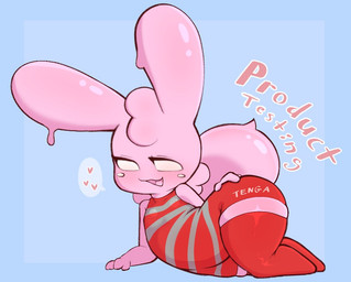 ambiguous_gender anthro arm_support big_tail blue_background clothing glistening glistening_body grey_clothing grey_swimwear heart_symbol legwear living_condom lying no_pupils on_side pink_body red_clothing red_legwear red_swimwear red_thigh_highs simple_background smile smiling_at_viewer solo speech_bubble swimwear tail text thick_thighs thigh_highs defunctumbra tenga gelbun goo_creature lagomorph leporid mammal rabbit 2024 english_text