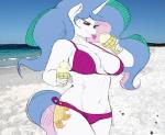 2014 anthro anthrofied beach bikini breasts cleavage clothed clothing colored cutie_mark day dessert detailed_background equid equine eyes_closed female food friendship_is_magic fur hair half-closed_eyes hasbro holding_food holding_object horn ice_cream long_hair mammal multicolored_hair multicolored_tail my_little_pony mythological_creature mythological_equine mythology narrowed_eyes navel outside princess princess_celestia_(mlp) purple_eyes royalty sand seaside sirmasterdufel sketch sky solo swimwear tail tongue tongue_out unicorn water weight_gain white_body white_fur