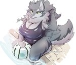 anthro big_breasts breasts cleavage clothed clothing female fur grey_body grey_fur grey_hair hair one-piece_swimsuit sitting solo swimwear water pukkunnnn canid canine canis mammal wolf