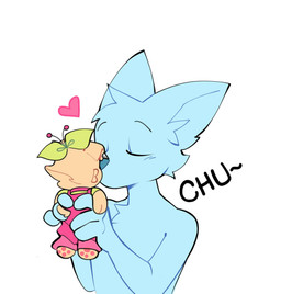 anthro blue_body character_plushie clothed clothed_female clothing duo eyes_closed female fluffy_ears heart_symbol holding_object holding_plushie kissing kissing_plushie male neck_tuft plant plant_hair plushie pseudo_hair simple_background snout tuft white_background cherry_beries berri_(cherry_beries) canid canine canis domestic_dog mammal hi_res