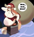 anthro bag belly belly_blush big_belly big_breasts black_claws black_nose blush body_blush breasts brown_body brown_fur brown_hair butt chimney christmas_clothing christmas_headwear claws cleavage clothed clothing dialogue female fingers fur fur_trim_(clothing) hair hat headgear headwear holding_bag holding_object holidays in_chimney long_hair looking_down multicolored_body multicolored_fur navel night outie_navel outside panties pregnant pregnant_anthro pregnant_female question_mark rooftop santa_hat snow solo speech_bubble strapless_clothing strapless_topwear stuck stuck_in_chimney text topwear two_tone_body two_tone_fur underwear white_body white_fur pregoo christmas mckaylah australian_shepherd canid canine canis domestic_dog herding_dog mammal pastoral_dog sheepdog 2020 digital_media_(artwork) english_text hi_res