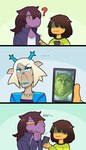 angry anthro blonde_hair brown_hair cellphone electronics freckles group hair humor laugh lipstick makeup phone smartphone trio ugly_bastard andreolamuller deltarune how_the_grinch_stole_christmas! the_grinch_(film) undertale_(series) carol_holiday grinch kris_(deltarune) susie_(deltarune) deer human mammal new_world_deer reindeer scalie absurd_res comic hi_res