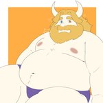 anthro areola beard belly big_belly blonde_hair border briefs clothed clothing facial_hair hair heterochromia horn long_hair looking_at_viewer male moobs navel nipples orange_background overweight overweight_anthro overweight_male purple_briefs purple_clothing purple_underwear simple_background sitting solo thick_thighs topless topless_anthro topless_male underwear white_border timewornraccoon undertale undertale_(series) asgore_dreemurr boss_monster_(undertale) bovid caprine goat mammal 1:1 2023 hi_res