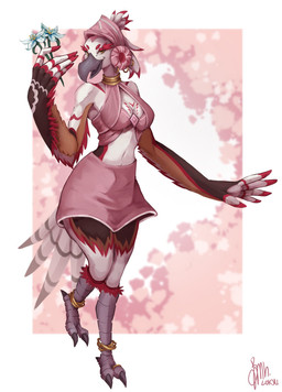 anklet anthro beak breasts brown_body brown_feathers cleavage clothed clothing collar feathers feet female flower gold_(metal) gold_jewelry holding_object jewelry medium_breasts navel non-mammal_breasts non-mammal_navel pink_background plant simple_background solo tail talons toes white_body white_feathers yellow_eyes lokyu nintendo the_legend_of_zelda colette_(rito) avian rito hi_res