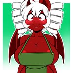 anthro apron apron_only blush breasts cleavage clothed clothing curled_hair female hair horn looking_at_viewer membrane_(anatomy) membranous_wings red_body red_eyes smile white_hair wide_eyed wings kloudmutt asian_mythology chinese_mythology east_asian_mythology hasbro my_little_pony mythology chilly_pepper fan_character dragon equid equine hybrid kirin mammal mythological_creature mythological_equine mythological_scalie scalie unicorn 1:1 2023 hi_res